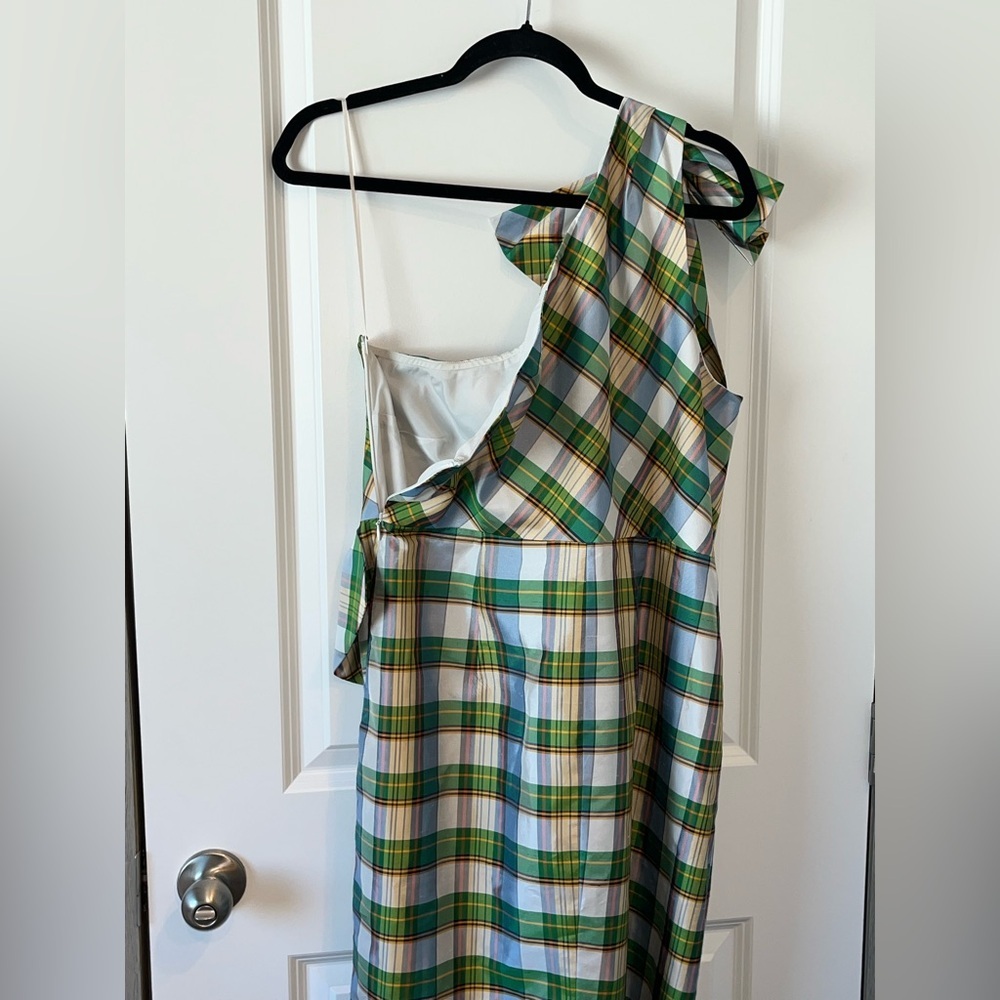 J Crew One Shoulder Sheath Dress Bow Faux Wrap Plaid Silk Blend Size 12 - Picture 4 of 7